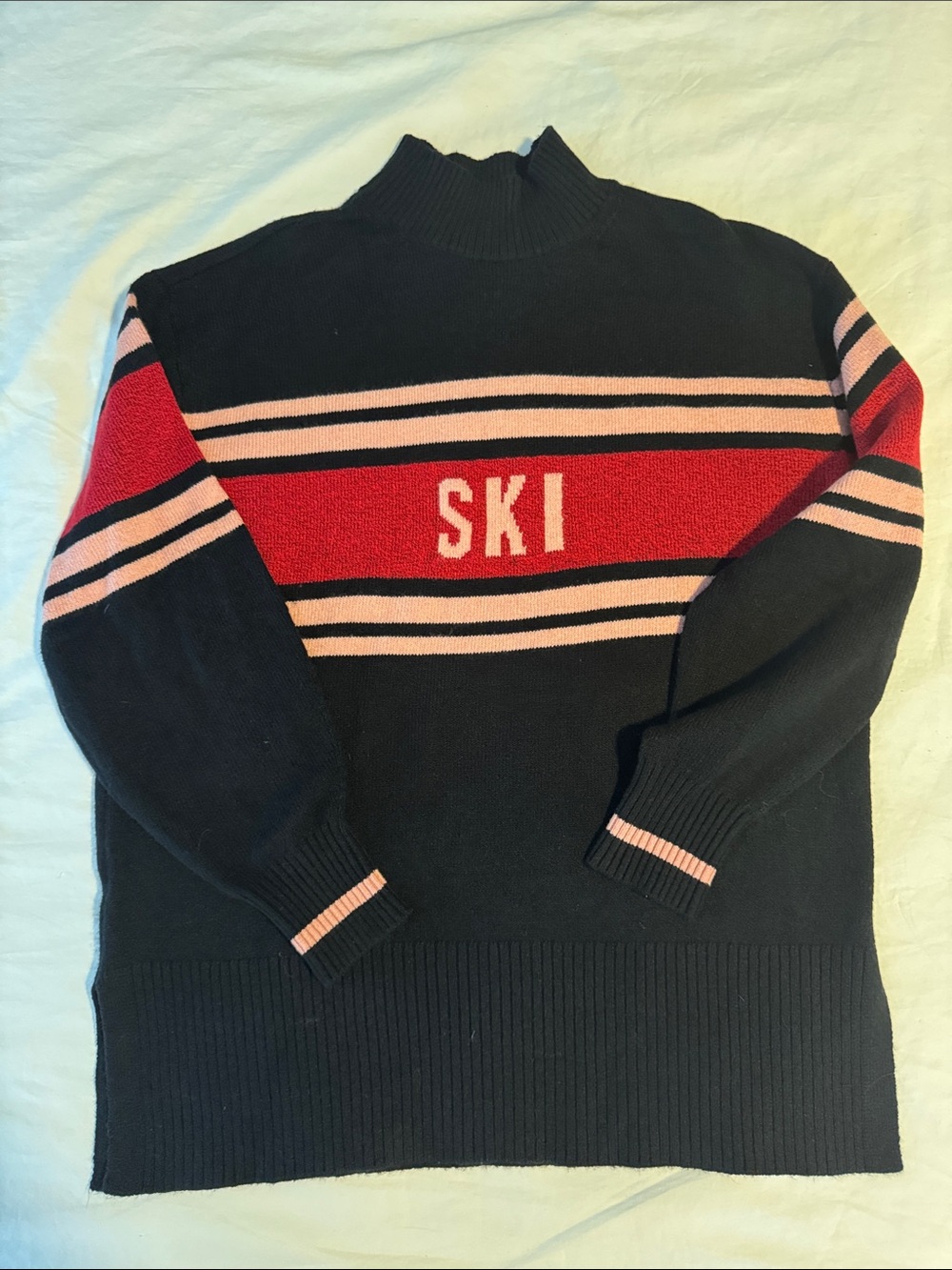Women’s Black, Red, & Pink 'SKI' Stripe Mock Neck Sweater M